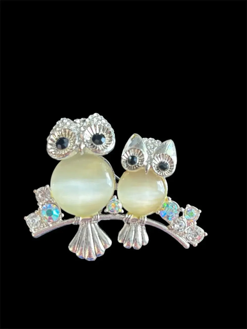 Vtg 1990 Napier Classic Jelly Belly Two Owls On A Branch Brooch Crystal Sparkle